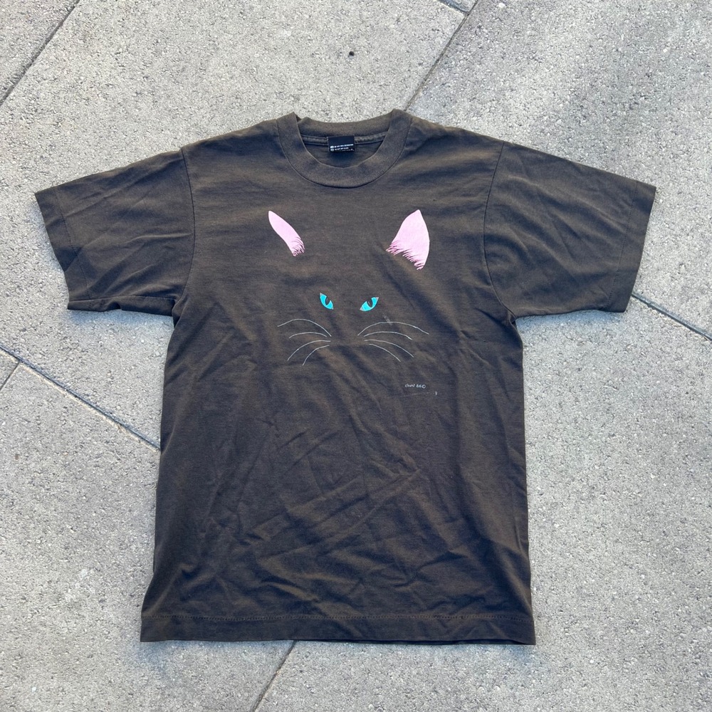 Vintage Screen Stars Best Neon Cat Graphic T-Shirt Black Single Stitch 80s 90s M